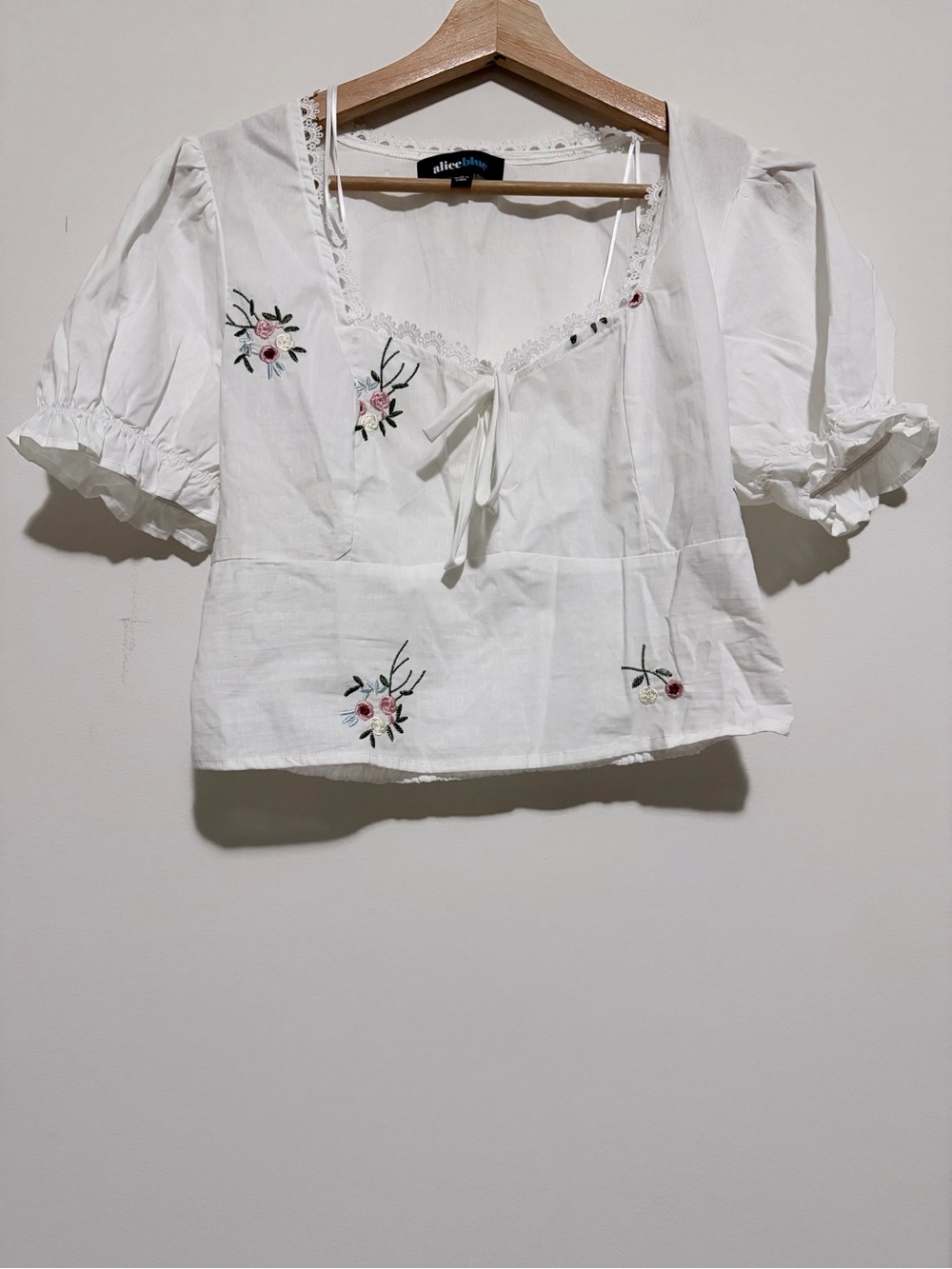 Alice Blue White Embroidered Puff Sleeve Tie-Front Blouse